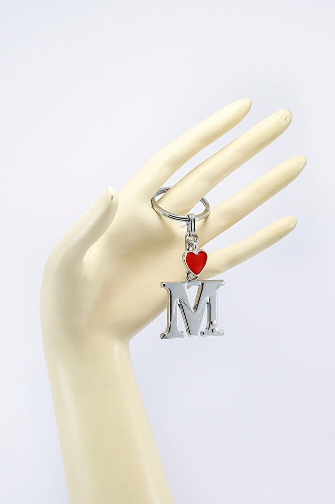 Kırmızı Metal Kalpli Gümüş Renkli Metal M Harfi Anahtarlık /Minik Çanta Süsü