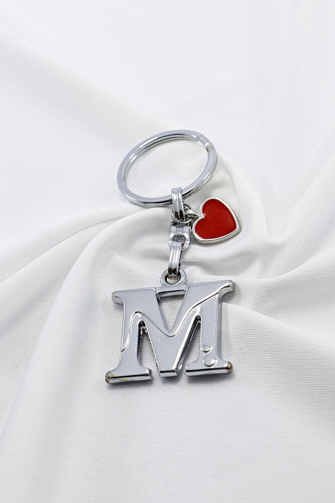 Kırmızı Metal Kalpli Gümüş Renkli Metal M Harfi Anahtarlık /Minik Çanta Süsü