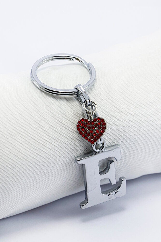 Kırmızı Parlak Kalpli Gümüş Renkli Metal E Harfi Anahtarlık /Minik Çanta Süsü