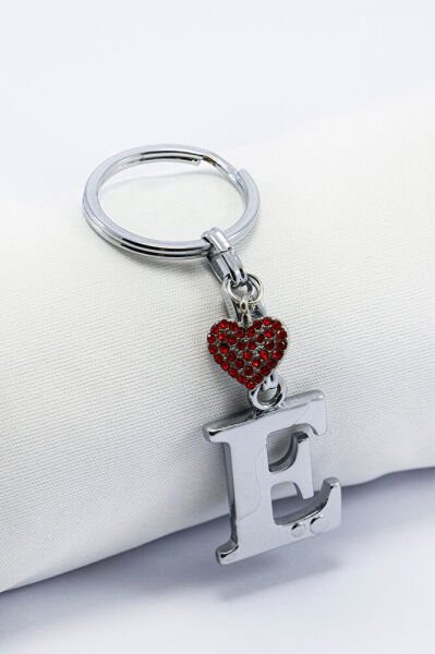 Kırmızı Parlak Kalpli Gümüş Renkli Metal E Harfi Anahtarlık /Minik Çanta Süsü