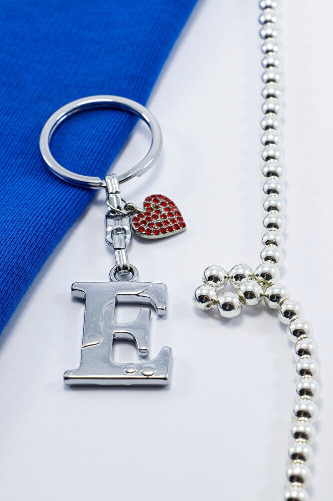 Kırmızı Parlak Kalpli Gümüş Renkli Metal E Harfi Anahtarlık /Minik Çanta Süsü