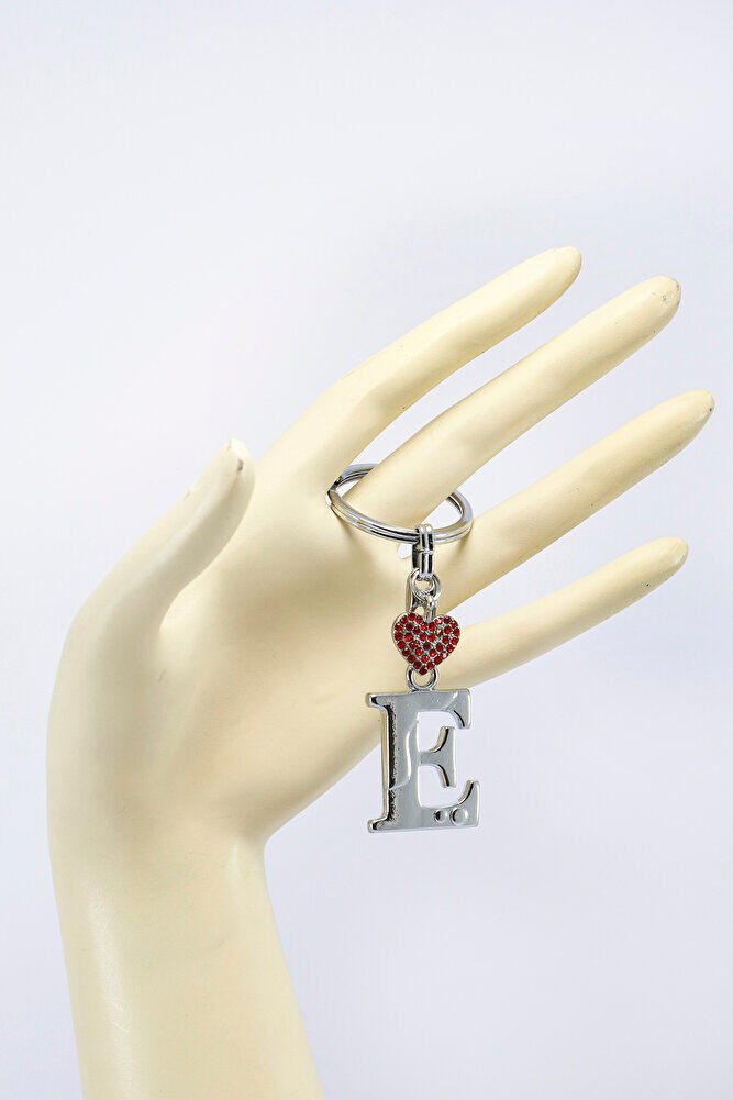 Kırmızı Parlak Kalpli Gümüş Renkli Metal E Harfi Anahtarlık /Minik Çanta Süsü