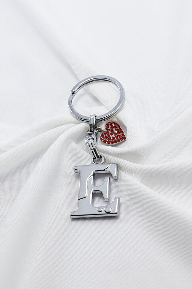 Kırmızı Parlak Kalpli Gümüş Renkli Metal E Harfi Anahtarlık /Minik Çanta Süsü