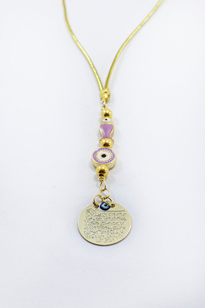 Lila Balık Çerçeveli Nazar Aksesuarlı Metal Ayetel Kürsi Araba Dikiz Ayna Süsü, Gold Renkli