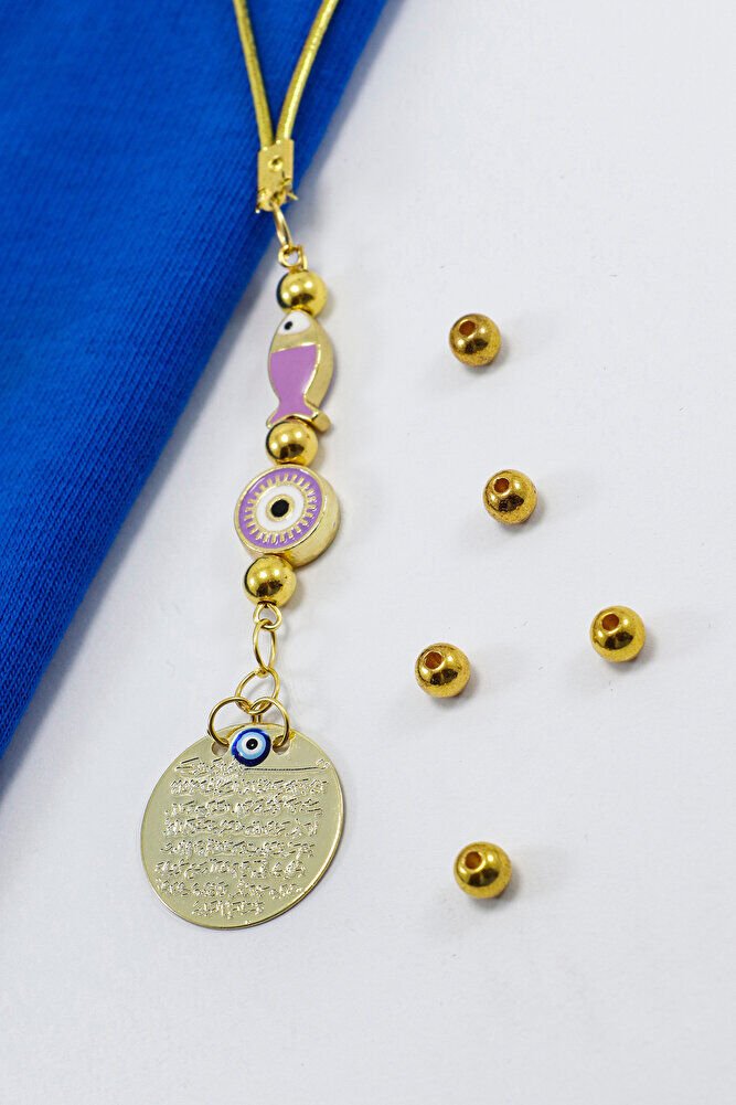 Lila Balık Çerçeveli Nazar Aksesuarlı Metal Ayetel Kürsi Araba Dikiz Ayna Süsü, Gold Renkli