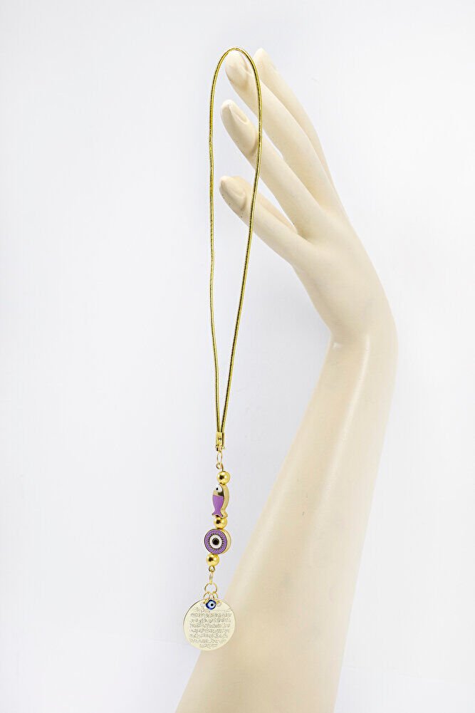 Lila Balık Çerçeveli Nazar Aksesuarlı Metal Ayetel Kürsi Araba Dikiz Ayna Süsü, Gold Renkli