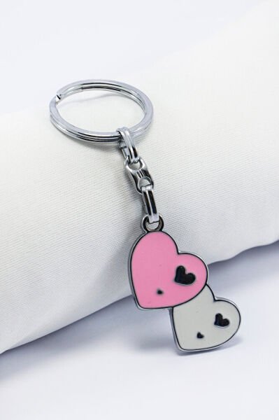 Pembe Beyaz Metal Kalpli Anahtarlık, Hediyelik Çanta Süsü, Sevgililer Günü Hediyesi