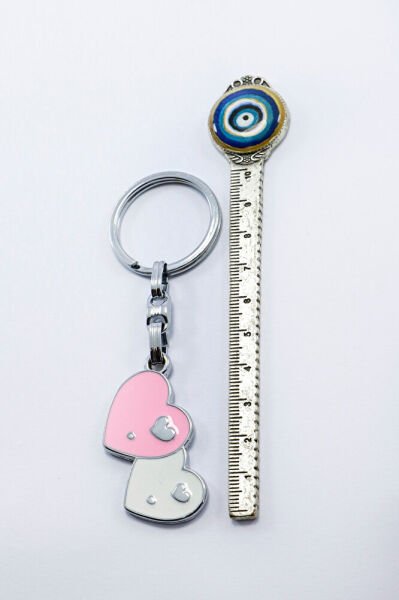 Pembe Beyaz Metal Kalpli Anahtarlık, Hediyelik Çanta Süsü, Sevgililer Günü Hediyesi