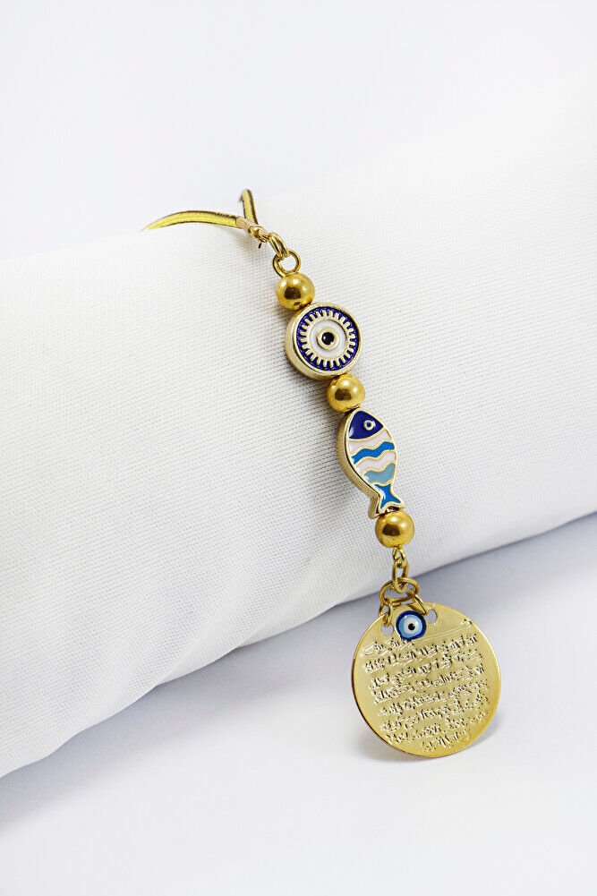 Çerçeveli Nazar Lacivert Balık Metal Ayetel Kürsi Araba Dikiz Ayna Süsü, Gold Renkli