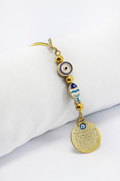 Çerçeveli Nazar Lacivert Balık Metal Ayetel Kürsi Araba Dikiz Ayna Süsü, Gold Renkli