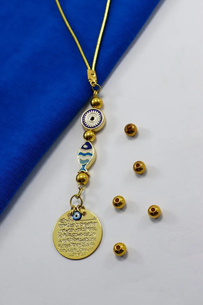 Çerçeveli Nazar Lacivert Balık Metal Ayetel Kürsi Araba Dikiz Ayna Süsü, Gold Renkli