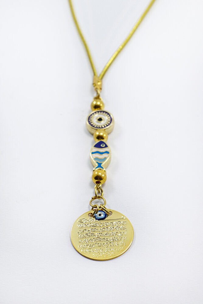 Çerçeveli Nazar Lacivert Balık Metal Ayetel Kürsi Araba Dikiz Ayna Süsü, Gold Renkli