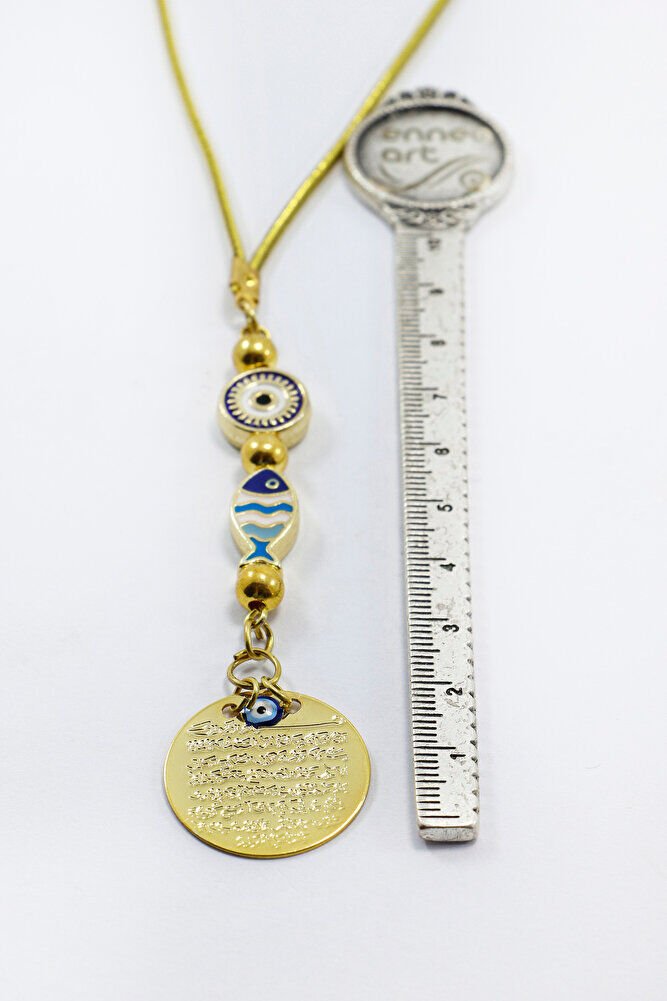 Çerçeveli Nazar Lacivert Balık Metal Ayetel Kürsi Araba Dikiz Ayna Süsü, Gold Renkli