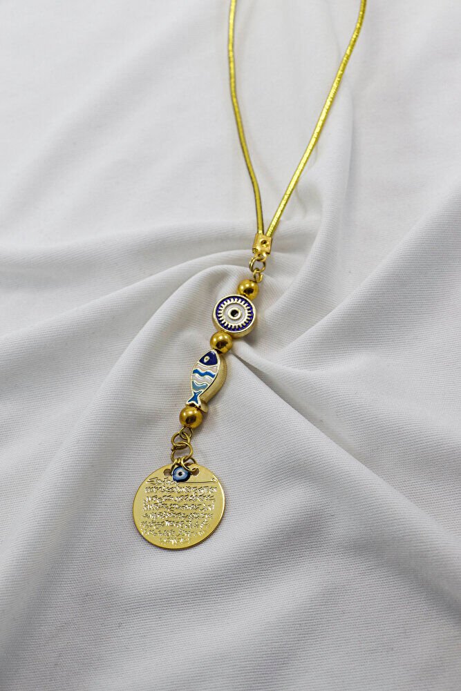 Çerçeveli Nazar Lacivert Balık Metal Ayetel Kürsi Araba Dikiz Ayna Süsü, Gold Renkli