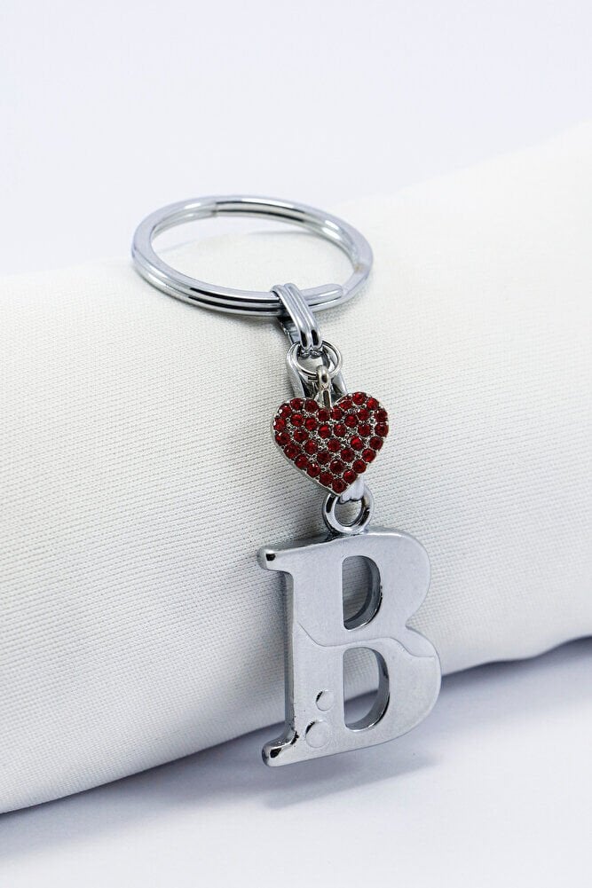 Kırmızı Parlak Kalpli Gümüş Renkli Metal B Harfi Anahtarlık /Minik Çanta Süsü