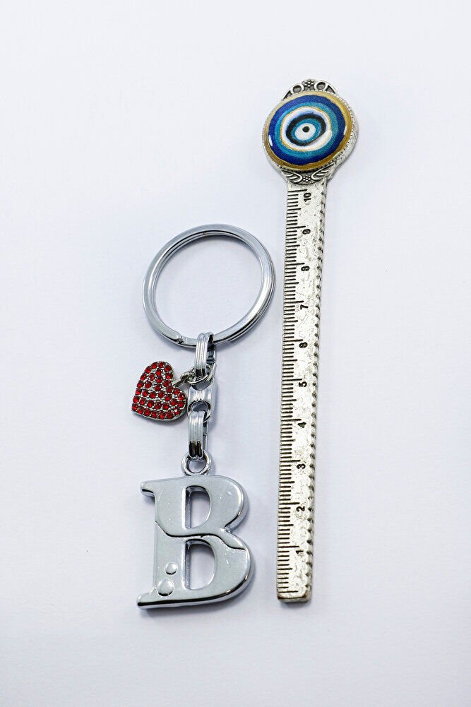 Kırmızı Parlak Kalpli Gümüş Renkli Metal B Harfi Anahtarlık /Minik Çanta Süsü