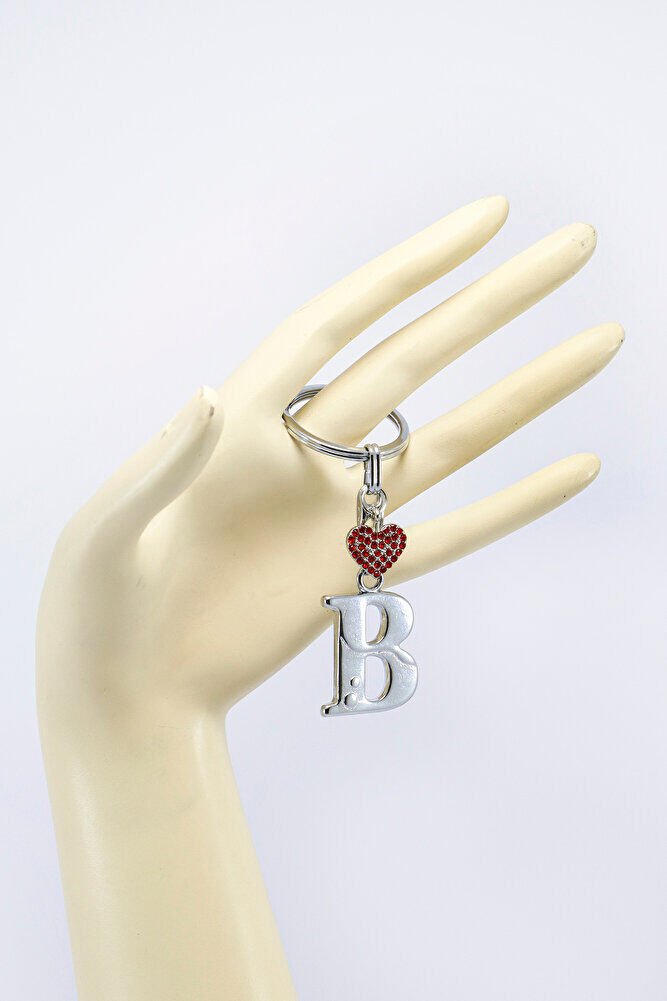 Kırmızı Parlak Kalpli Gümüş Renkli Metal B Harfi Anahtarlık /Minik Çanta Süsü