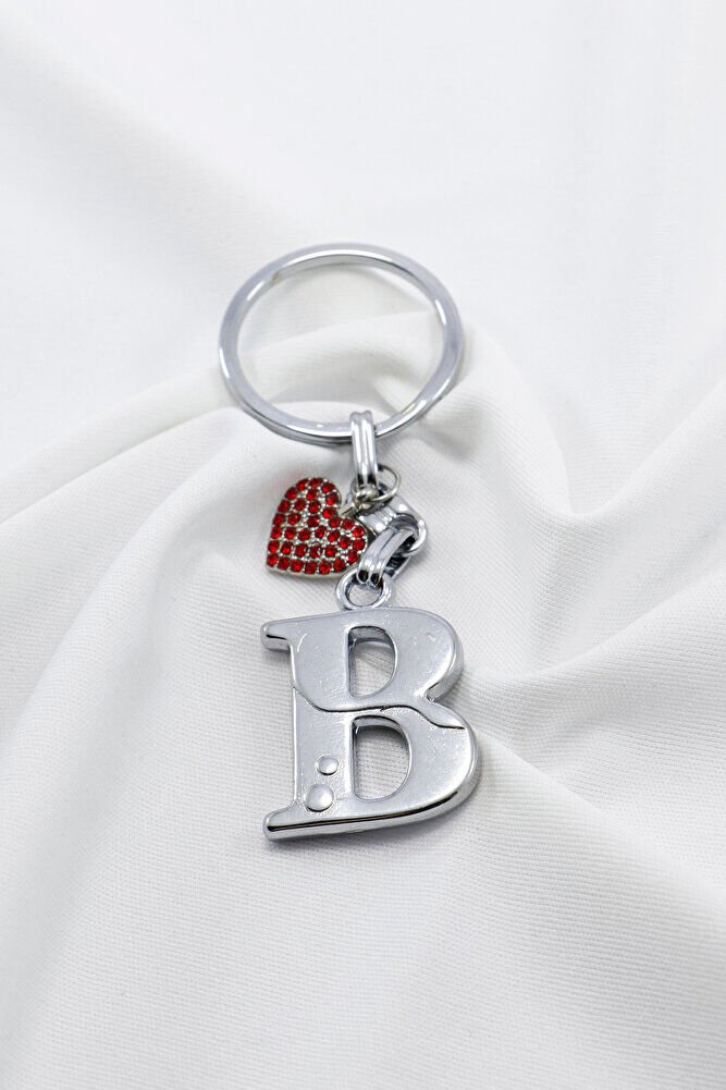 Kırmızı Parlak Kalpli Gümüş Renkli Metal B Harfi Anahtarlık /Minik Çanta Süsü