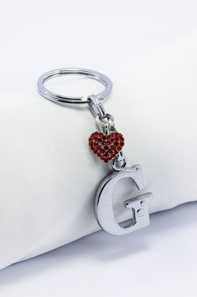 Kırmızı Parlak Kalpli Gümüş Renkli Metal G Harfi Anahtarlık /Minik Çanta Süsü