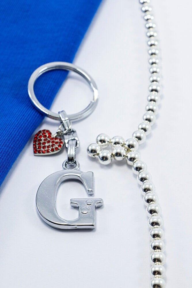 Kırmızı Parlak Kalpli Gümüş Renkli Metal G Harfi Anahtarlık /Minik Çanta Süsü