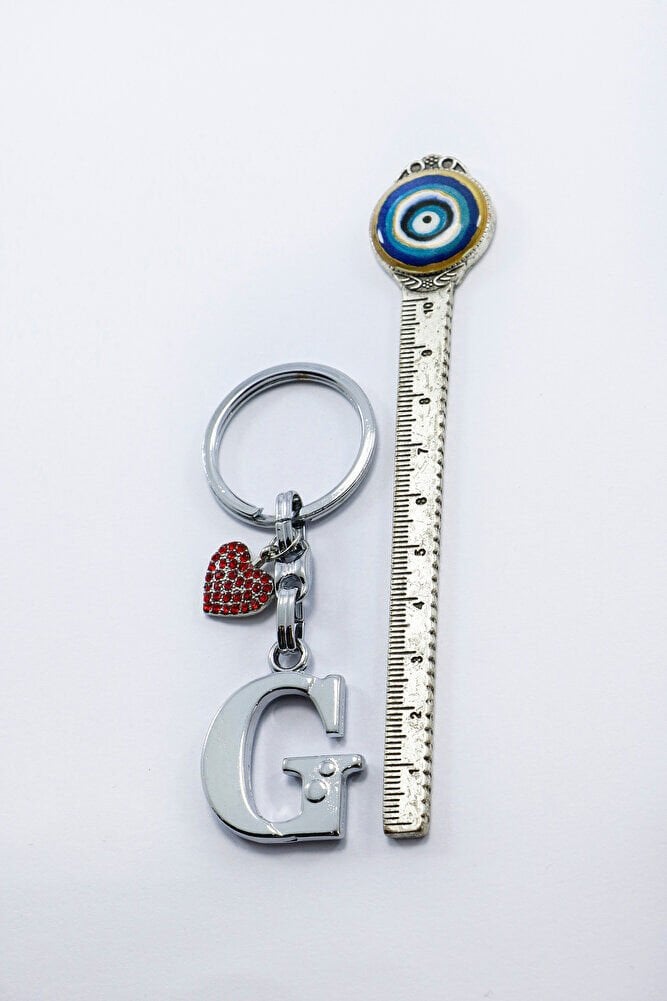 Kırmızı Parlak Kalpli Gümüş Renkli Metal G Harfi Anahtarlık /Minik Çanta Süsü