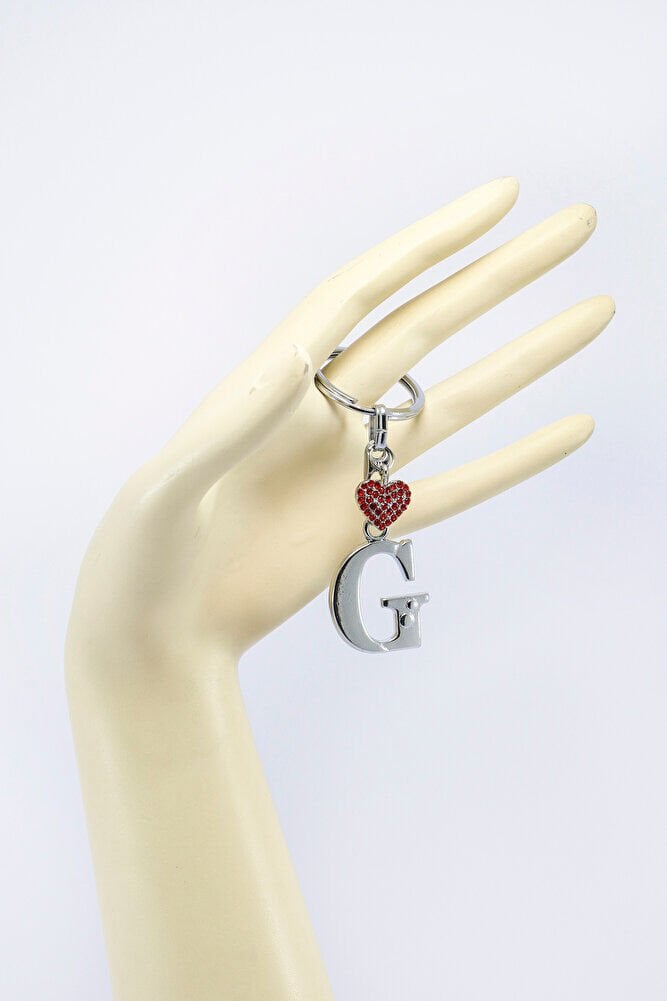 Kırmızı Parlak Kalpli Gümüş Renkli Metal G Harfi Anahtarlık /Minik Çanta Süsü