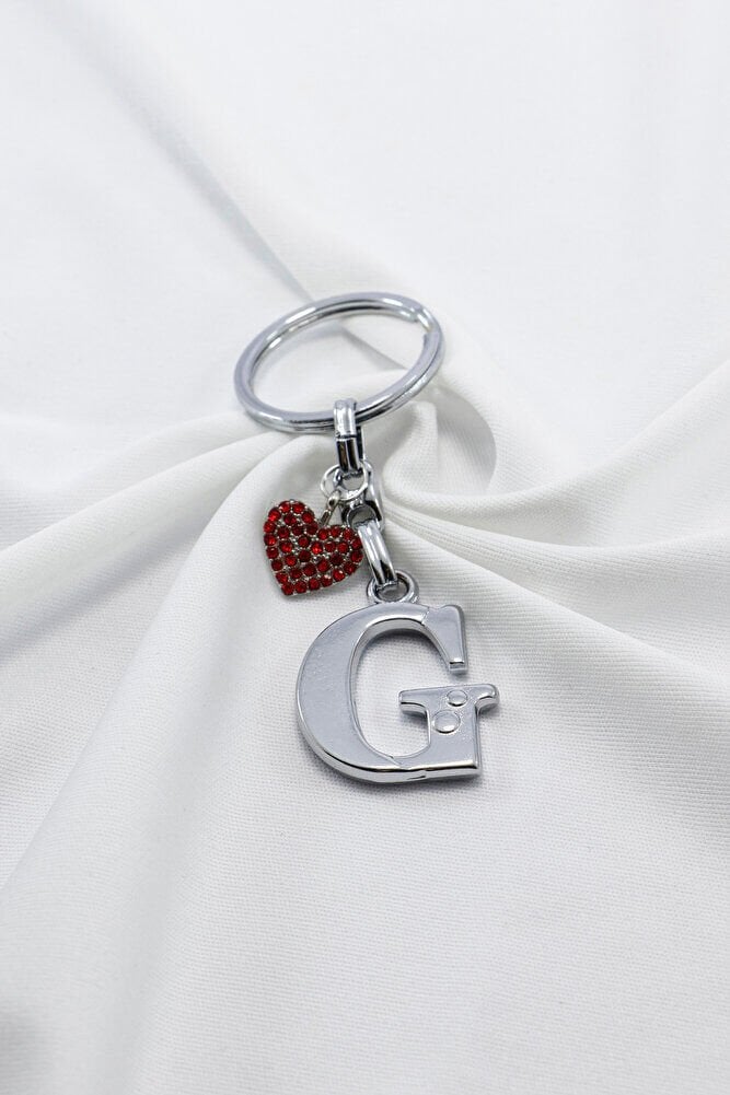 Kırmızı Parlak Kalpli Gümüş Renkli Metal G Harfi Anahtarlık /Minik Çanta Süsü