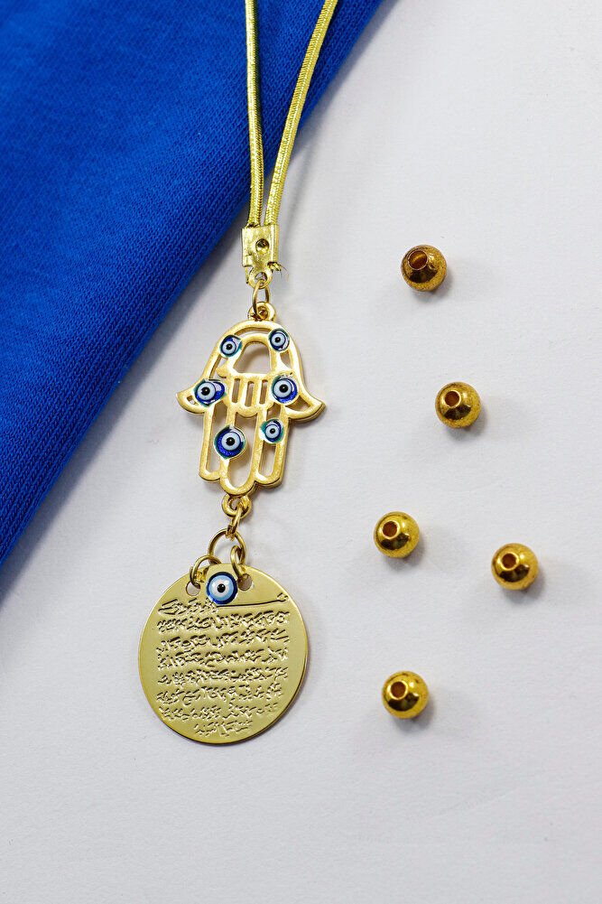 Evil Eye Beaded Gold Plated Hamse Metal Ayetel Kursi Car Rearview Mirror Ornament, Gold Color