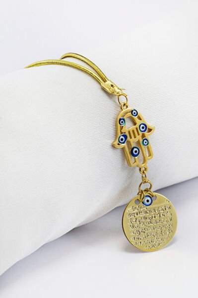 Nazar Boncuklu Altın Kaplama Hamse Metal Ayetel Kürsi Araba Dikiz Ayna Süsü, Gold Renkli