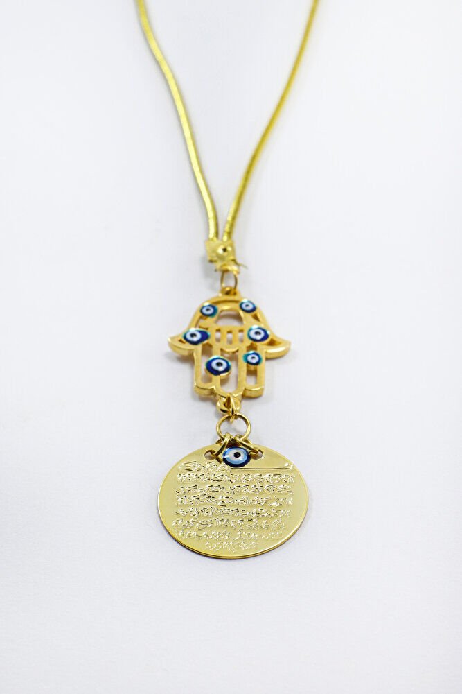 Evil Eye Beaded Gold Plated Hamse Metal Ayetel Kursi Car Rearview Mirror Ornament, Gold Color