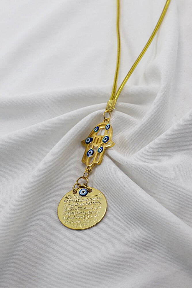 Evil Eye Beaded Gold Plated Hamse Metal Ayetel Kursi Car Rearview Mirror Ornament, Gold Color