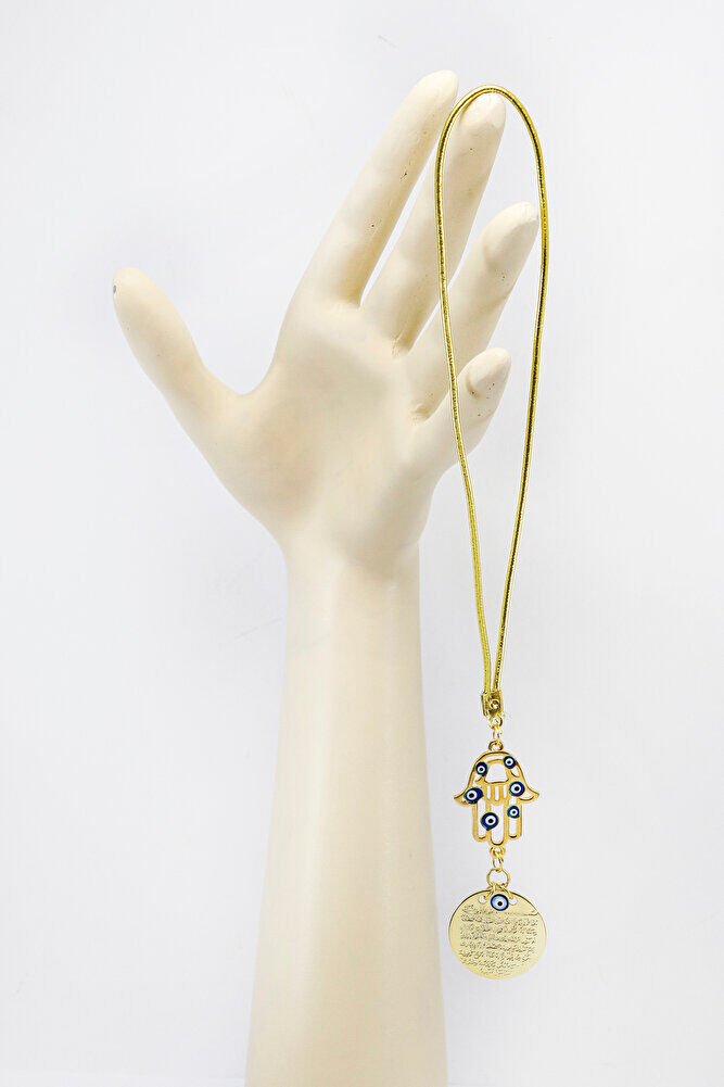 Evil Eye Beaded Gold Plated Hamse Metal Ayetel Kursi Car Rearview Mirror Ornament, Gold Color