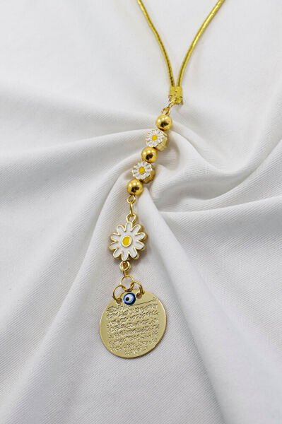 Beyaz Papatyalı Metal Ayetel Kürsi Araba Dikiz Ayna Süsü, Gold Renkli