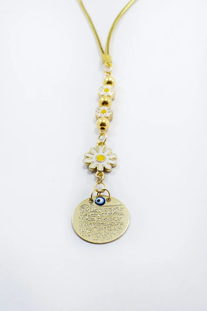 Beyaz Papatyalı Metal Ayetel Kürsi Araba Dikiz Ayna Süsü, Gold Renkli