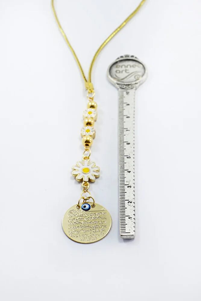 Beyaz Papatyalı Metal Ayetel Kürsi Araba Dikiz Ayna Süsü, Gold Renkli