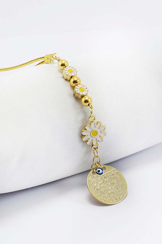 Beyaz Papatyalı Metal Ayetel Kürsi Araba Dikiz Ayna Süsü, Gold Renkli