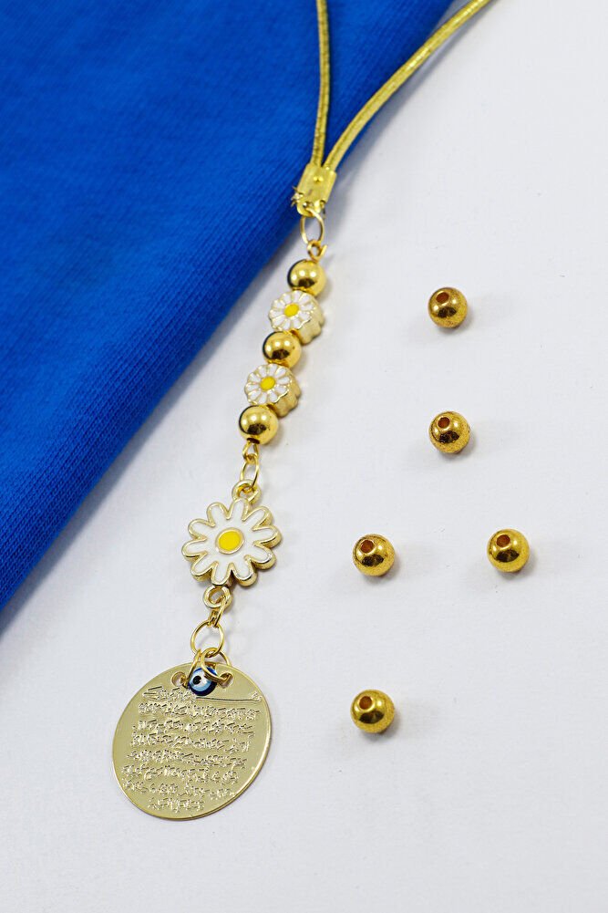 Beyaz Papatyalı Metal Ayetel Kürsi Araba Dikiz Ayna Süsü, Gold Renkli