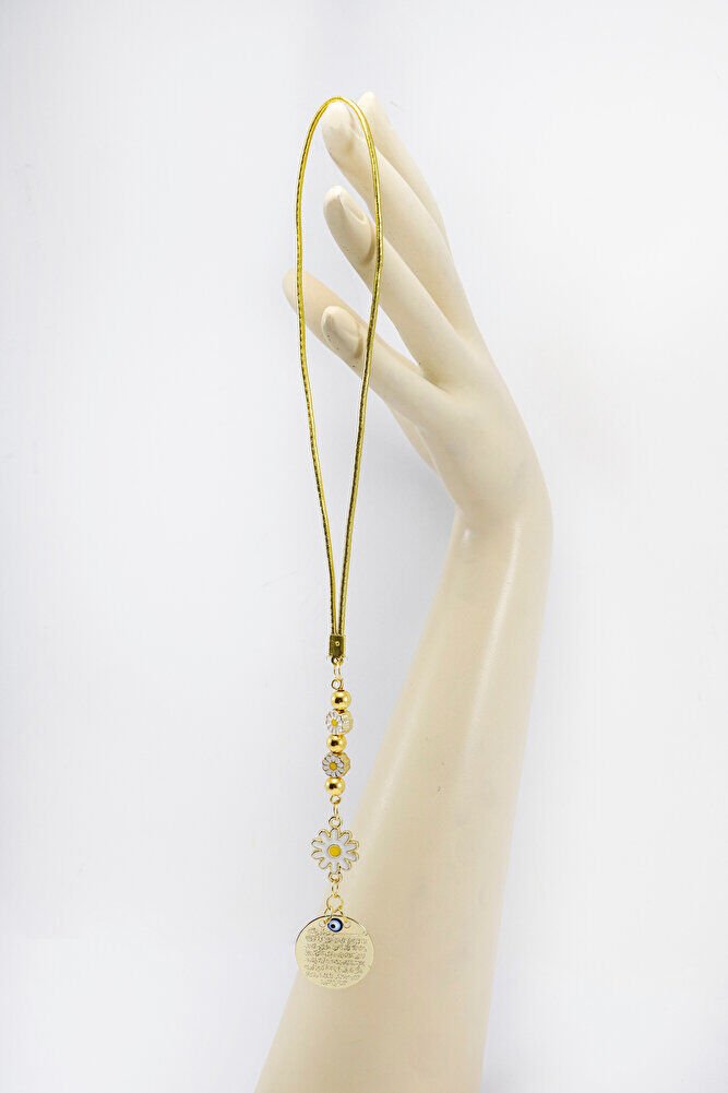 Beyaz Papatyalı Metal Ayetel Kürsi Araba Dikiz Ayna Süsü, Gold Renkli