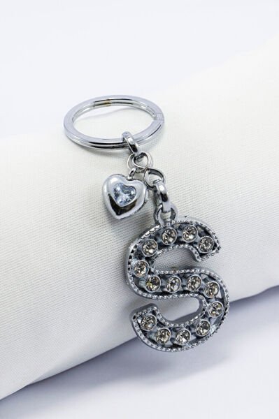 Beyaz Parlak Kalpli Gümüş Renkli Metal S Harfi Kristal Taşlı Anahtarlık /Minik Çanta Süsü