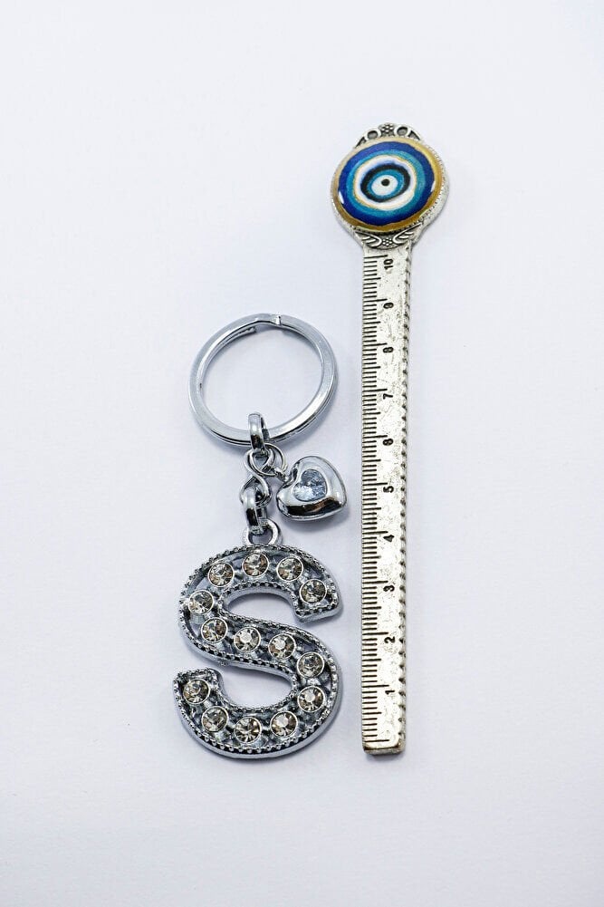 Beyaz Parlak Kalpli Gümüş Renkli Metal S Harfi Kristal Taşlı Anahtarlık /Minik Çanta Süsü