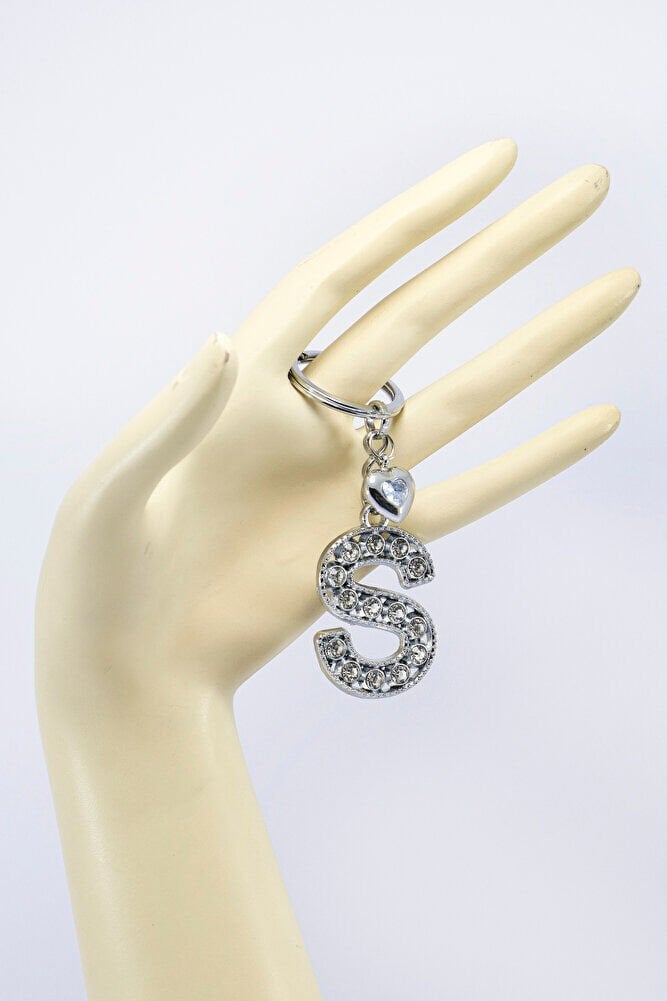 Beyaz Parlak Kalpli Gümüş Renkli Metal S Harfi Kristal Taşlı Anahtarlık /Minik Çanta Süsü