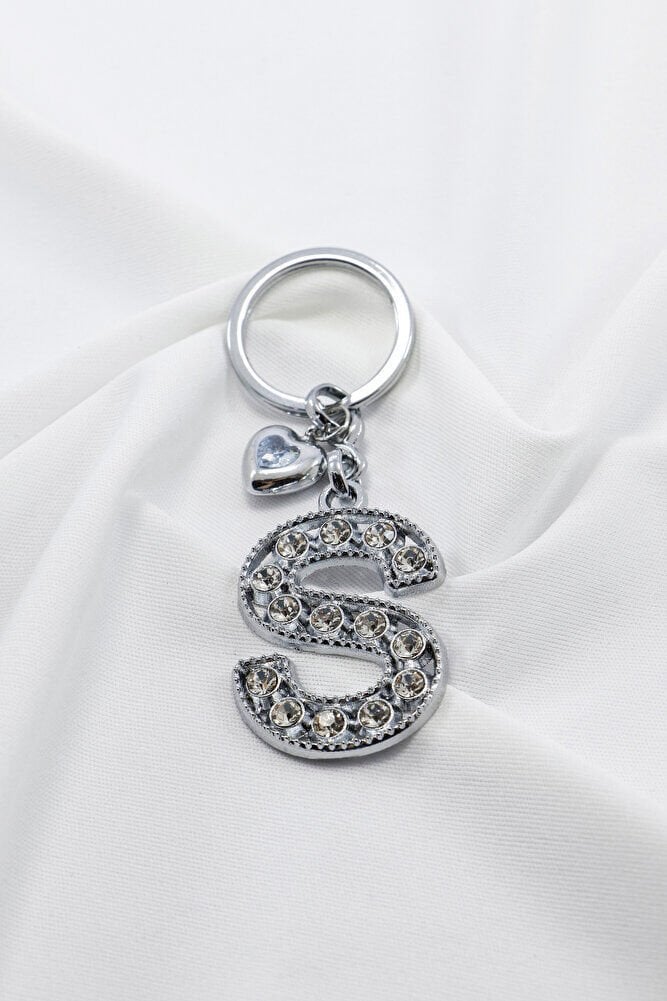 Beyaz Parlak Kalpli Gümüş Renkli Metal S Harfi Kristal Taşlı Anahtarlık /Minik Çanta Süsü