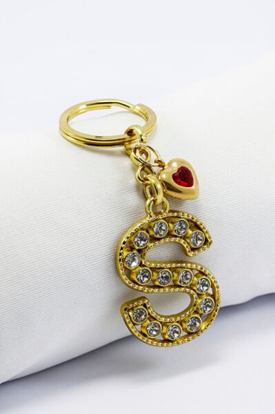Kırmızı Parlak Kalpli Gold Renkli Kristal Taşlı Metal S Harfi Anahtarlık /Minik Çanta Süsü