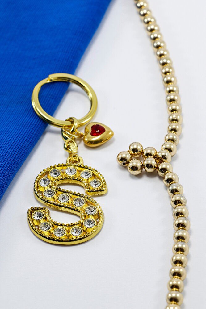 Kırmızı Parlak Kalpli Gold Renkli Kristal Taşlı Metal S Harfi Anahtarlık /Minik Çanta Süsü