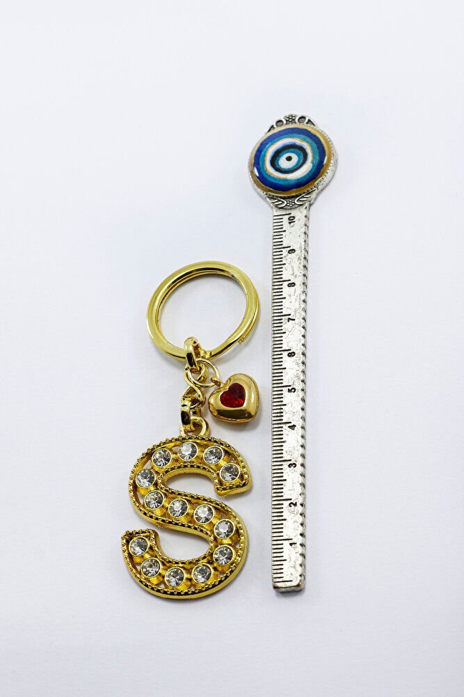 Kırmızı Parlak Kalpli Gold Renkli Kristal Taşlı Metal S Harfi Anahtarlık /Minik Çanta Süsü