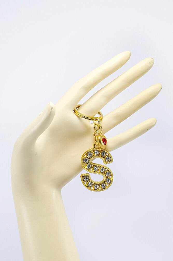 Kırmızı Parlak Kalpli Gold Renkli Kristal Taşlı Metal S Harfi Anahtarlık /Minik Çanta Süsü