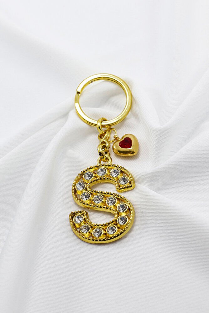 Kırmızı Parlak Kalpli Gold Renkli Kristal Taşlı Metal S Harfi Anahtarlık /Minik Çanta Süsü