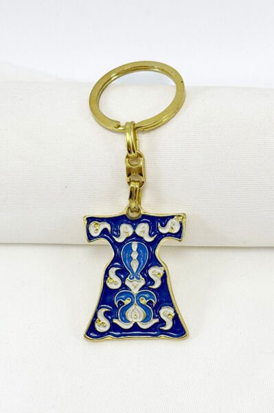 Navy Blue Patterned Kaftan Metal Keychain, Gift Keychain