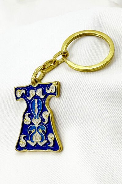Navy Blue Patterned Kaftan Metal Keychain, Gift Keychain