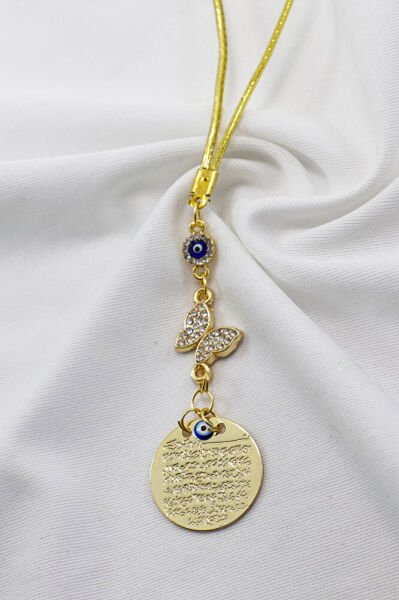 Nazarlı Parlak Taşlı Kelebek Metal Ayetel Kürsi Araba Dikiz Ayna Süsü, Gold Renkli